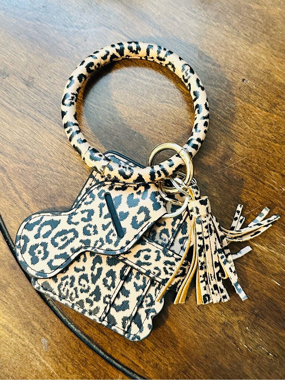 Leopard Print Wristlet Keyring Bracelet - Beige and Black